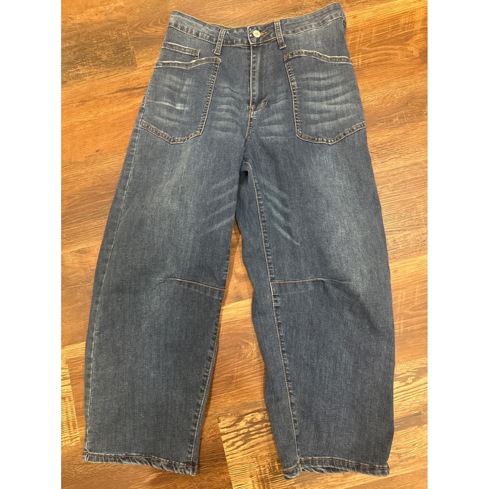 High Rise Barrel Leg Utility Jeans Medium Wash Blue Wide Leg Size 12 M4D710